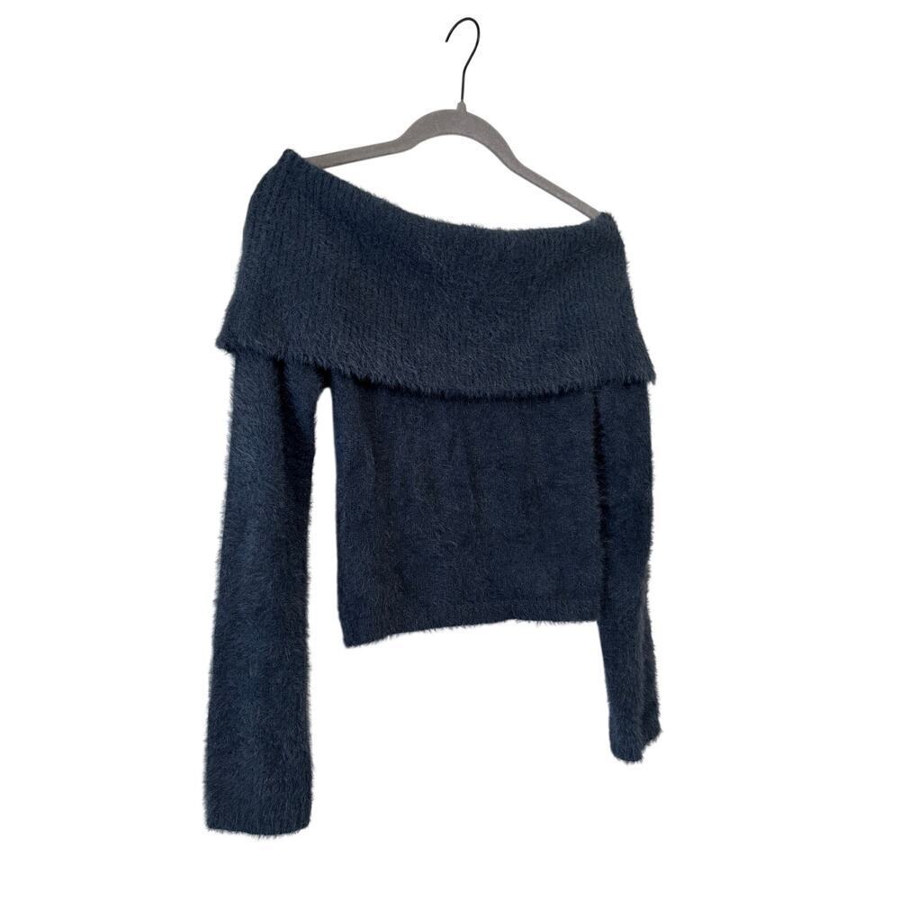 The Workshop Off Shoulder Eyelash Knit Sweater Women’s Blue Fuzzy Soft Pullover - Picture 3 of 7